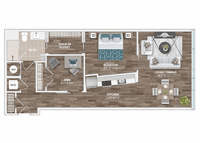 Floor plan for 1 bed, 1 bath, 888 sqft